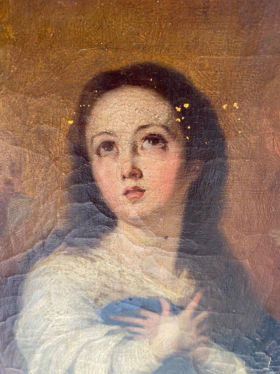 Fin XVIII Espagne Peinture Portrait Huile Sur Toile Maria Immaculée Murillo -photo-6