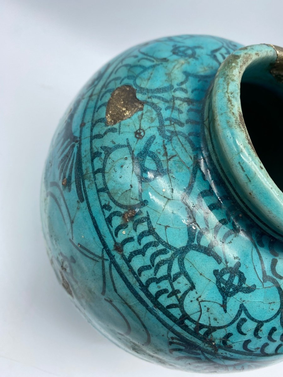 Safavid Persian Antique Islamic Turquoise Earthenware Pot Vase -photo-2