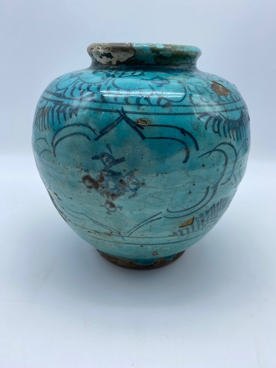 Safavid Persian Antique Islamic Turquoise Earthenware Pot Vase -photo-3