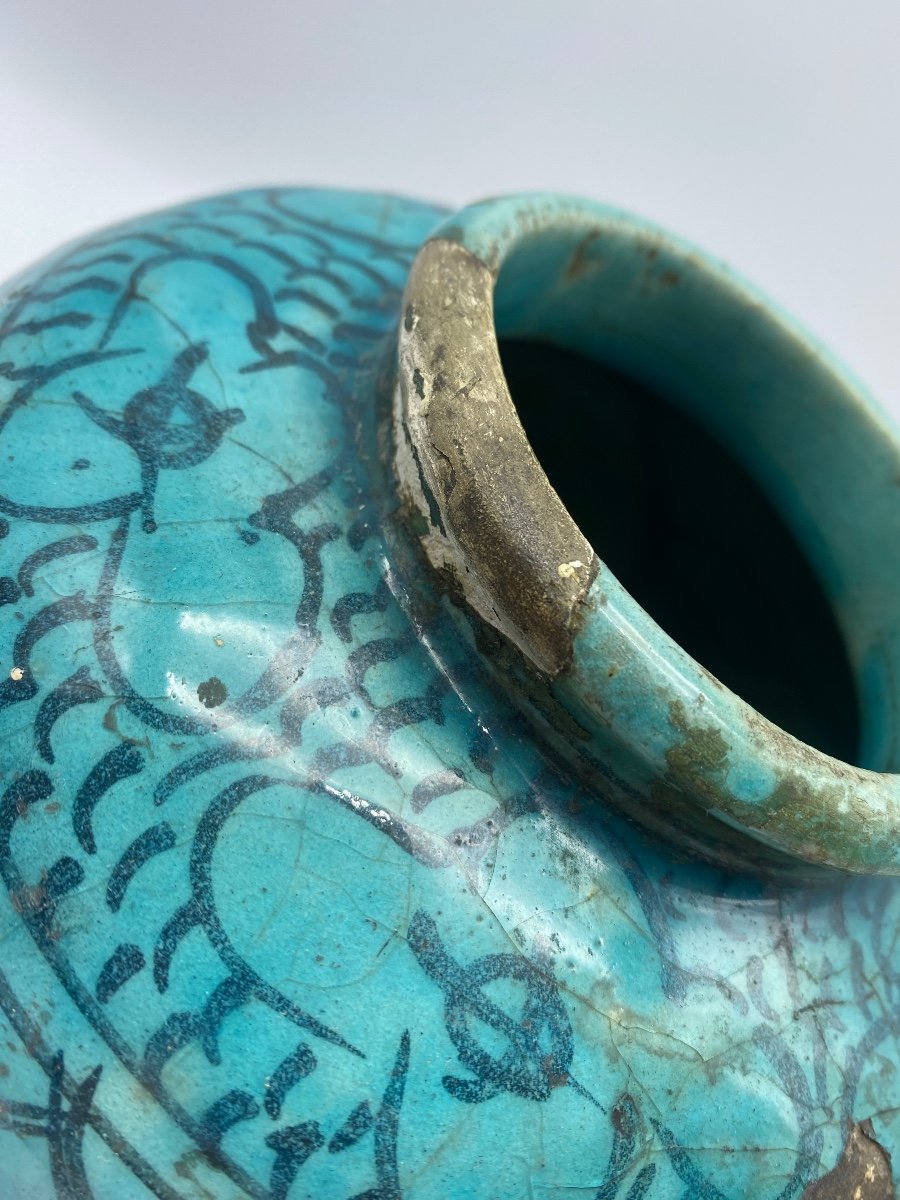 Safavid Persian Antique Islamic Turquoise Earthenware Pot Vase -photo-4