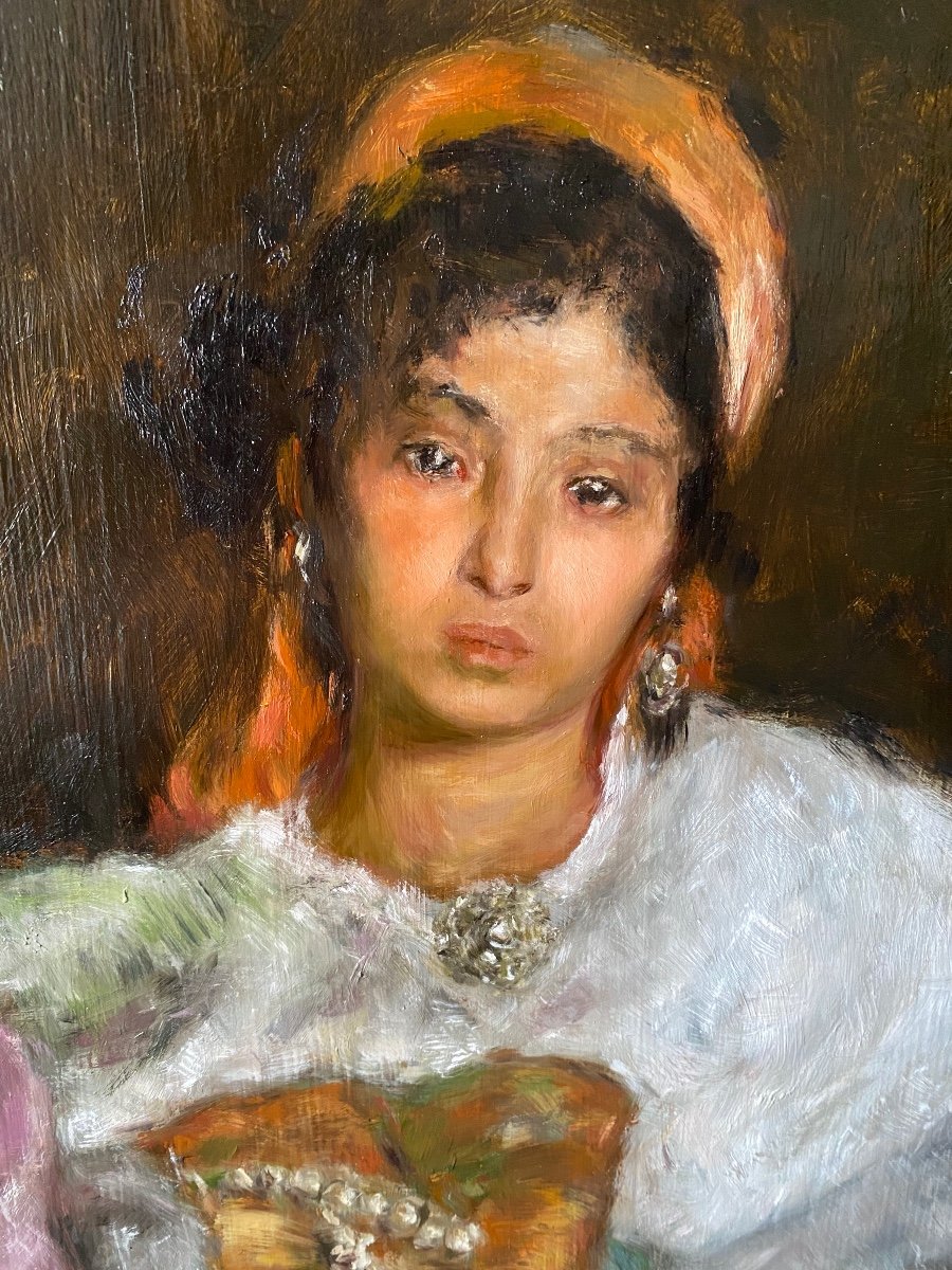 Ancienne Peinture Orientaliste Huile Sur Panneau Portrait Jeune Femme Berbere Kabyle-photo-3