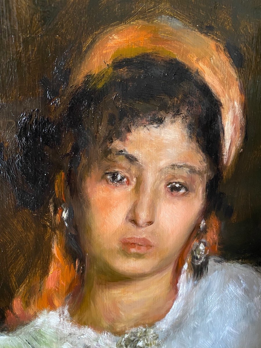 Ancienne Peinture Orientaliste Huile Sur Panneau Portrait Jeune Femme Berbere Kabyle-photo-4