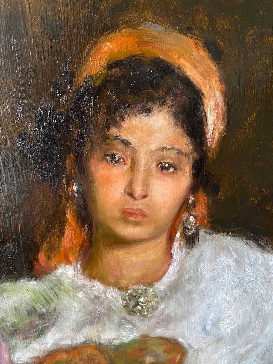 Ancienne Peinture Orientaliste Huile Sur Panneau Portrait Jeune Femme Berbere Kabyle-photo-1
