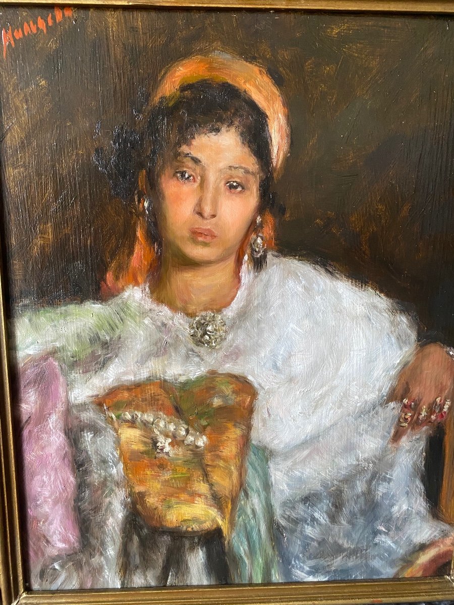 Ancienne Peinture Orientaliste Huile Sur Panneau Portrait Jeune Femme Berbere Kabyle-photo-4