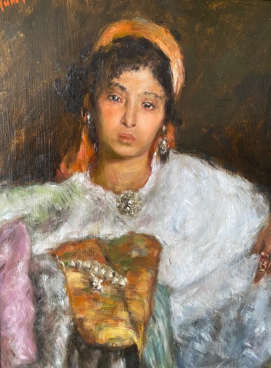Ancienne Peinture Orientaliste Huile Sur Panneau Portrait Jeune Femme Berbere Kabyle