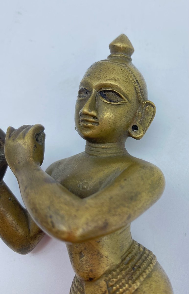 Ancienne Statue Indienne En Bronze Du XIXe Siècle De Krishna-photo-5