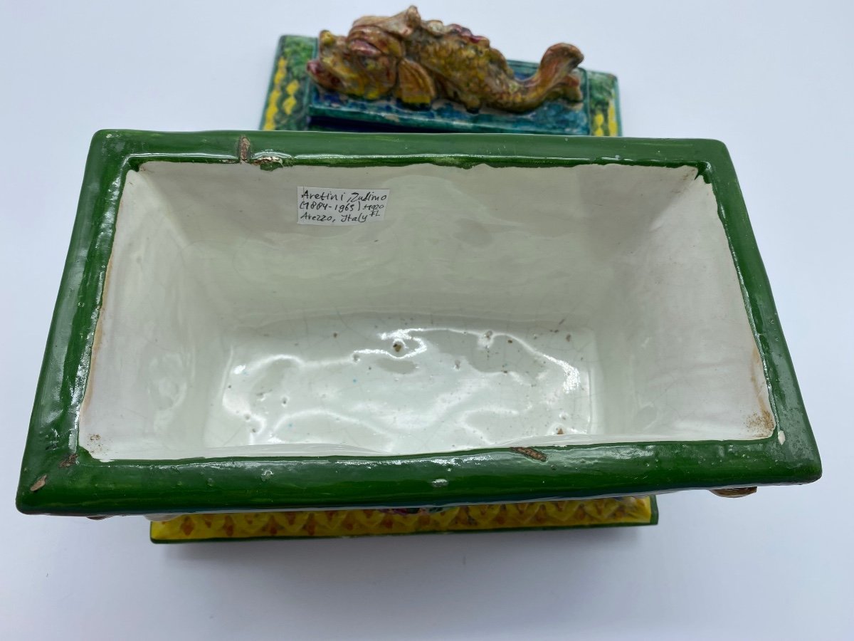 Italie Zulimo Aretini (1884-1965) Ancien Coffret à Couvercle En Majolique Avec Putti Et Monstre-photo-7