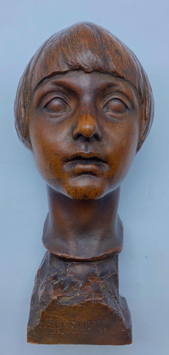 Antique Unique Belgian Art Deco Terracotta Bust Of A Young Woman By Léon Vogelaar-photo-3