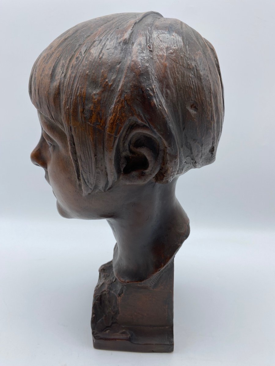 Antique Unique Belgian Art Deco Terracotta Bust Of A Young Woman By Léon Vogelaar-photo-2