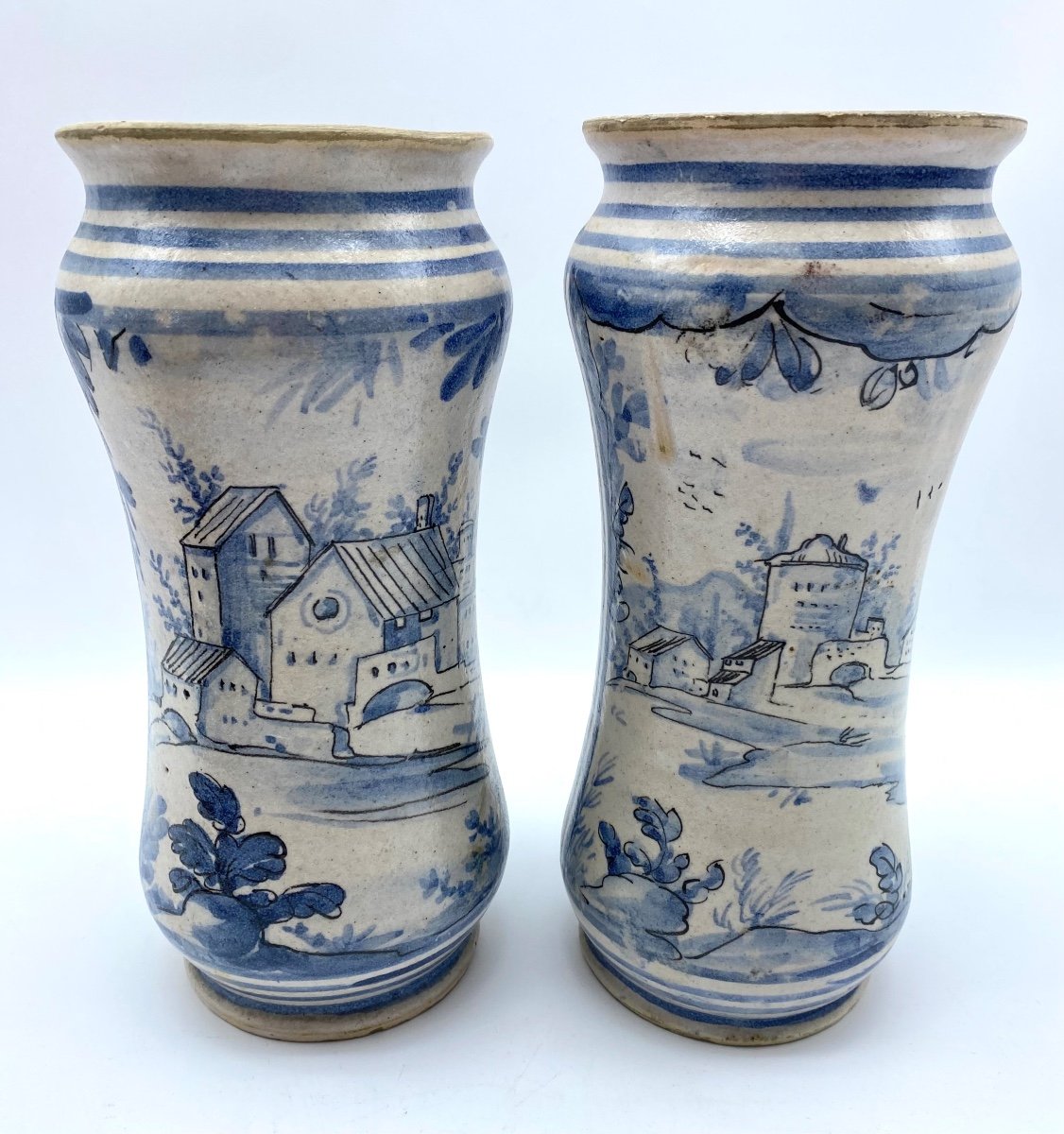 XVIII Italy Savona Pair Of Albarelli Blue And White Majolica Pharmacy Jars