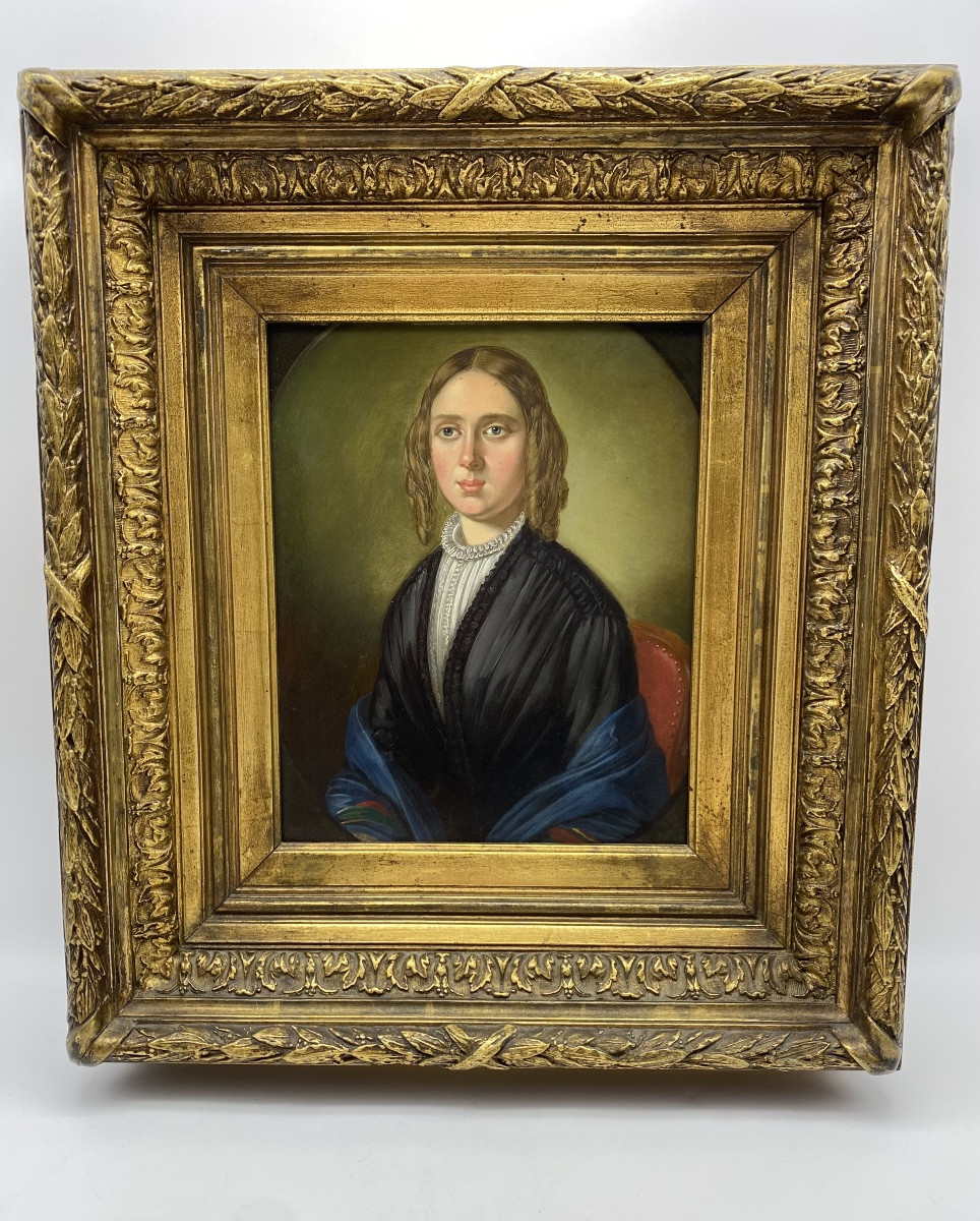 Ancienne Peinture à l'Huile Danoise Du XIXe Siècle Portrait Sur Panneau d'Une Jeune Femme-photo-2