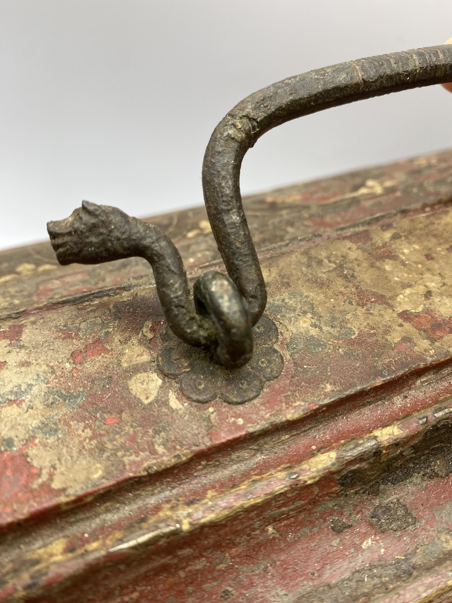 Rare Petit Coffret Tibetain Peint Du XVIIe Siècle Avec Poignée Naga -photo-2