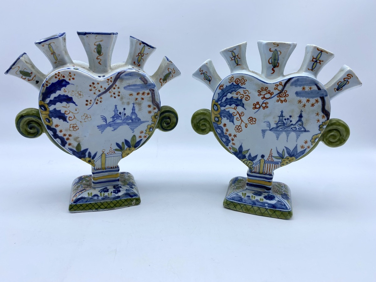 XIX Antique Proche Paire De Vases Tulipes Céramique Faience De Rouen Pique Fleurs-photo-2