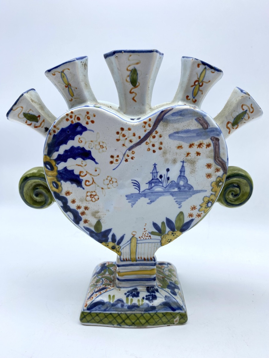 XIX Antique Proche Paire De Vases Tulipes Céramique Faience De Rouen Pique Fleurs-photo-1