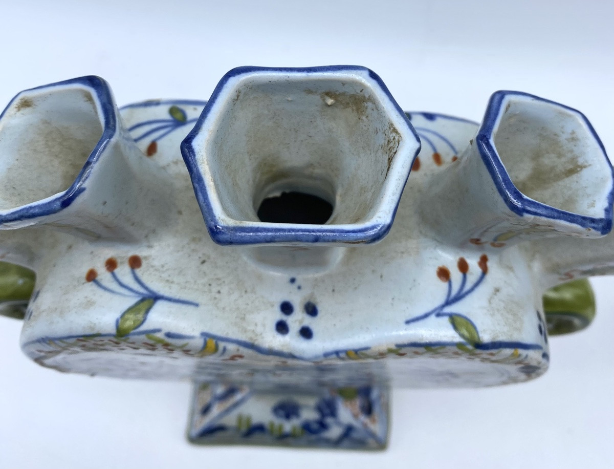 XIX Antique Proche Paire De Vases Tulipes Céramique Faience De Rouen Pique Fleurs-photo-3