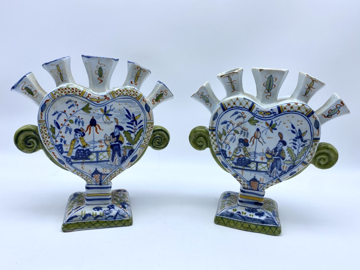 XIX Antique Proche Paire De Vases Tulipes Céramique Faience De Rouen Pique Fleurs