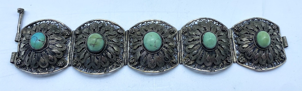 Antique Solid Silver And Filigree Ethnic Pin Bracelet With Cabochon, Egypt, 1930s-photo-2