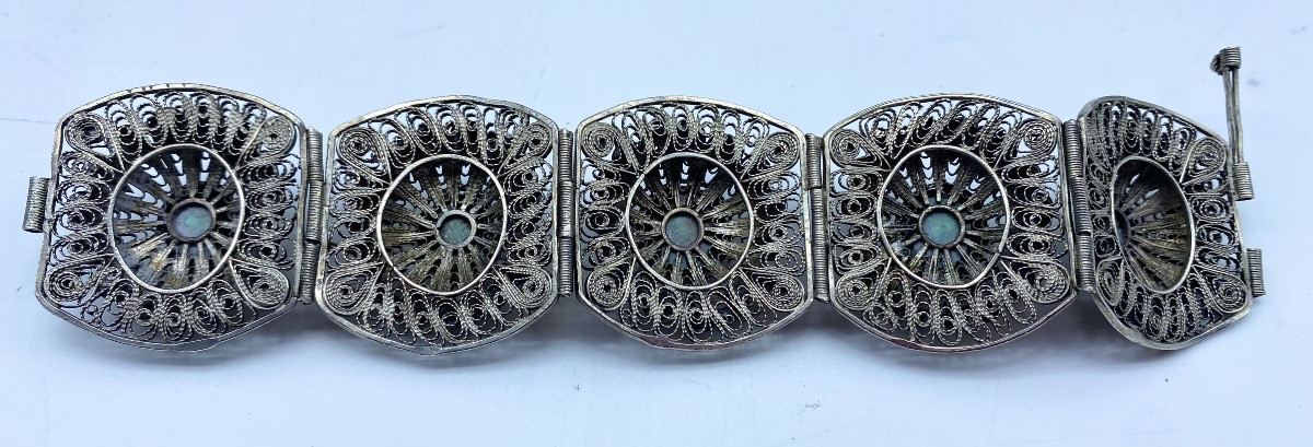 Antique Solid Silver And Filigree Ethnic Pin Bracelet With Cabochon, Egypt, 1930s-photo-3