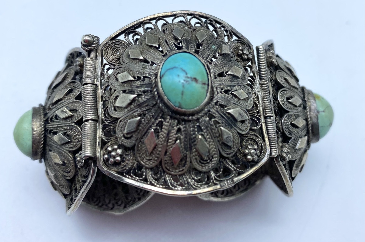 Antique Solid Silver And Filigree Ethnic Pin Bracelet With Cabochon, Egypt, 1930s-photo-4