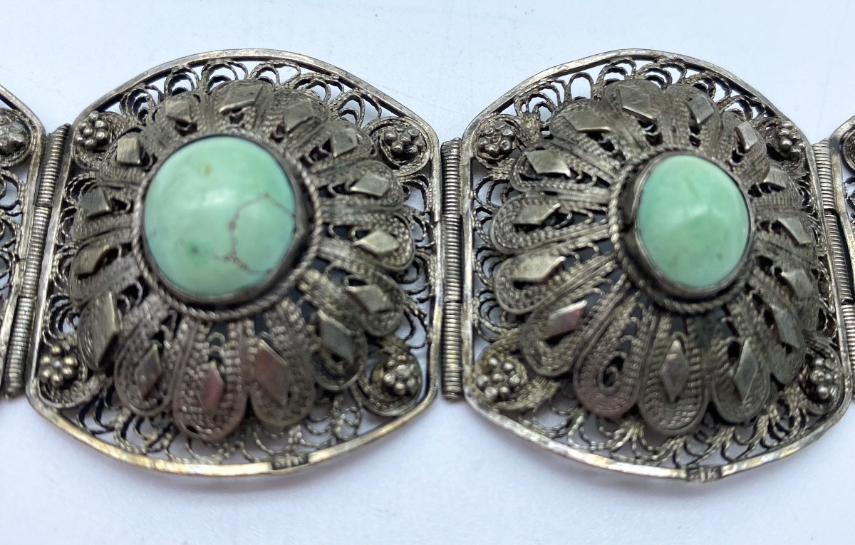 Antique Solid Silver And Filigree Ethnic Pin Bracelet With Cabochon, Egypt, 1930s-photo-2