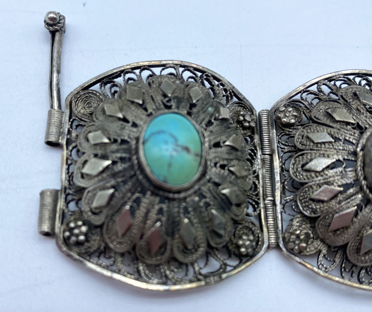 Antique Solid Silver And Filigree Ethnic Pin Bracelet With Cabochon, Egypt, 1930s-photo-3