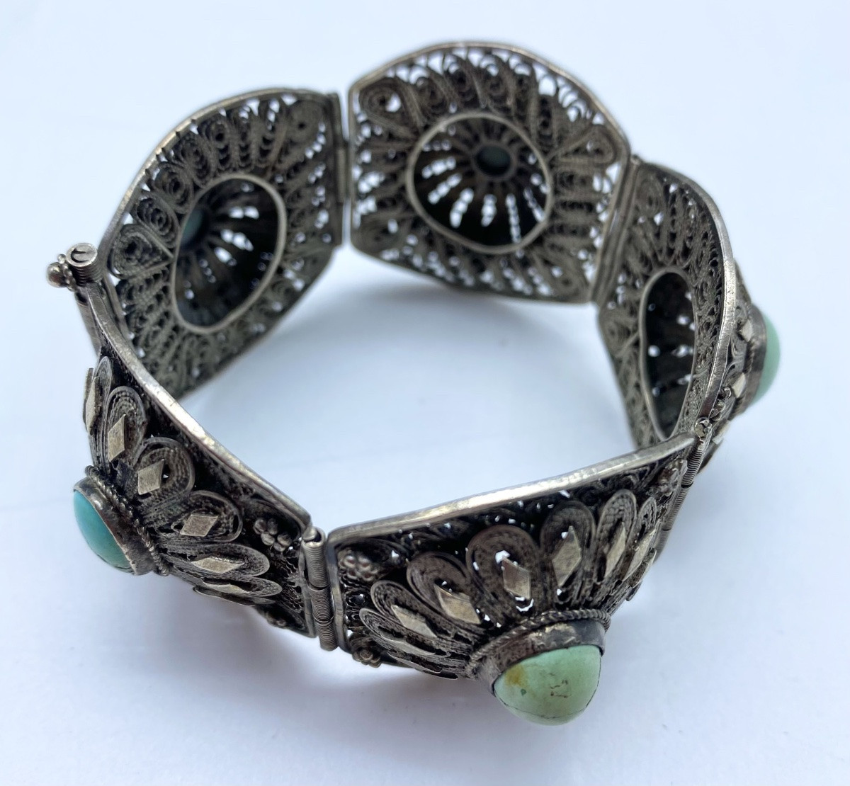 Antique Solid Silver And Filigree Ethnic Pin Bracelet With Cabochon, Egypt, 1930s-photo-4