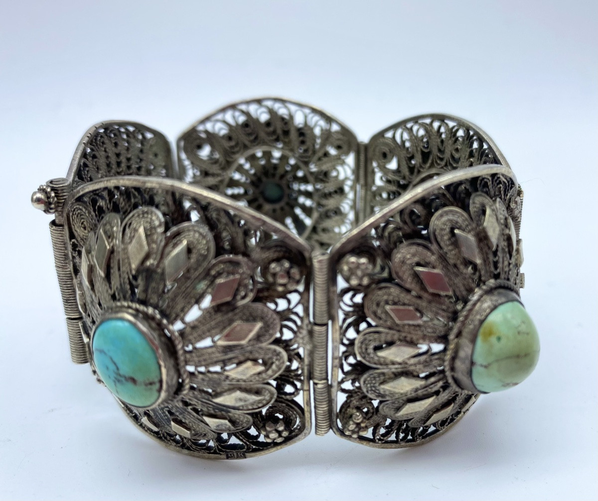Antique Solid Silver And Filigree Ethnic Pin Bracelet With Cabochon, Egypt, 1930s-photo-5