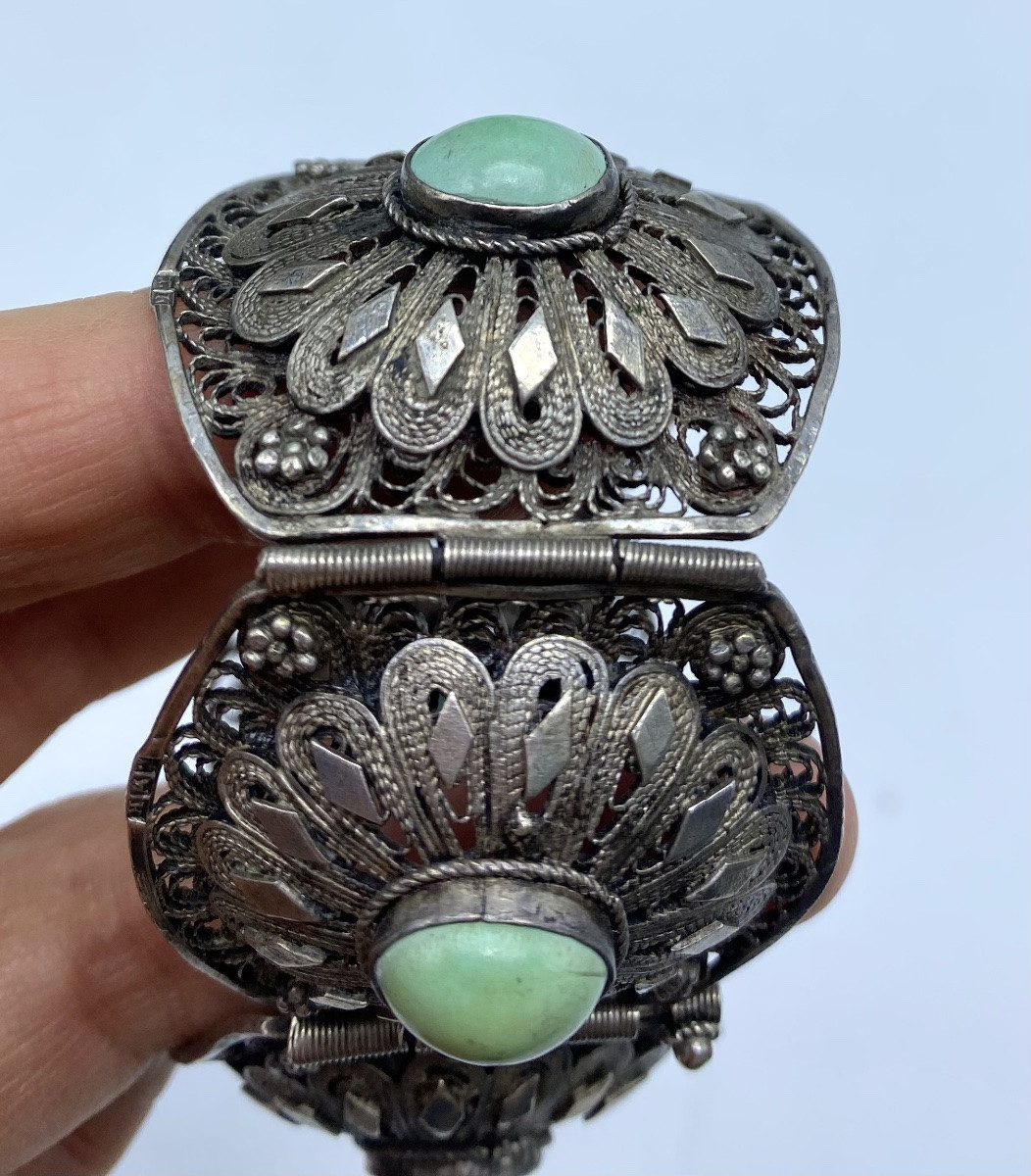 Antique Solid Silver And Filigree Ethnic Pin Bracelet With Cabochon, Egypt, 1930s-photo-7