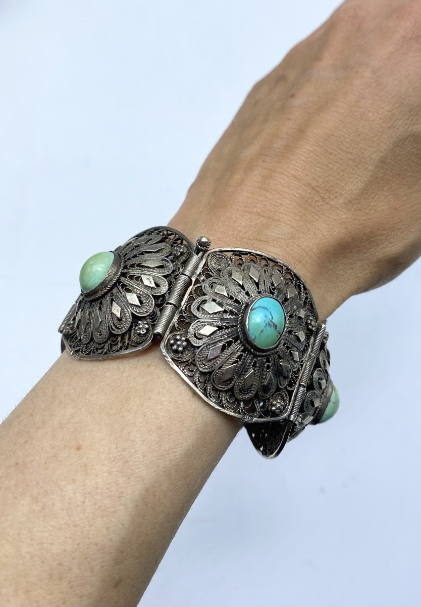 Antique Solid Silver And Filigree Ethnic Pin Bracelet With Cabochon, Egypt, 1930s-photo-8