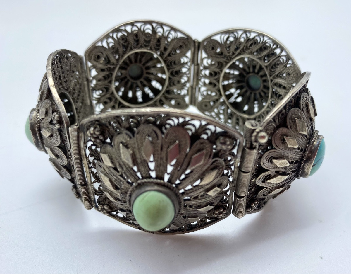 Antique Solid Silver And Filigree Ethnic Pin Bracelet With Cabochon, Egypt, 1930s