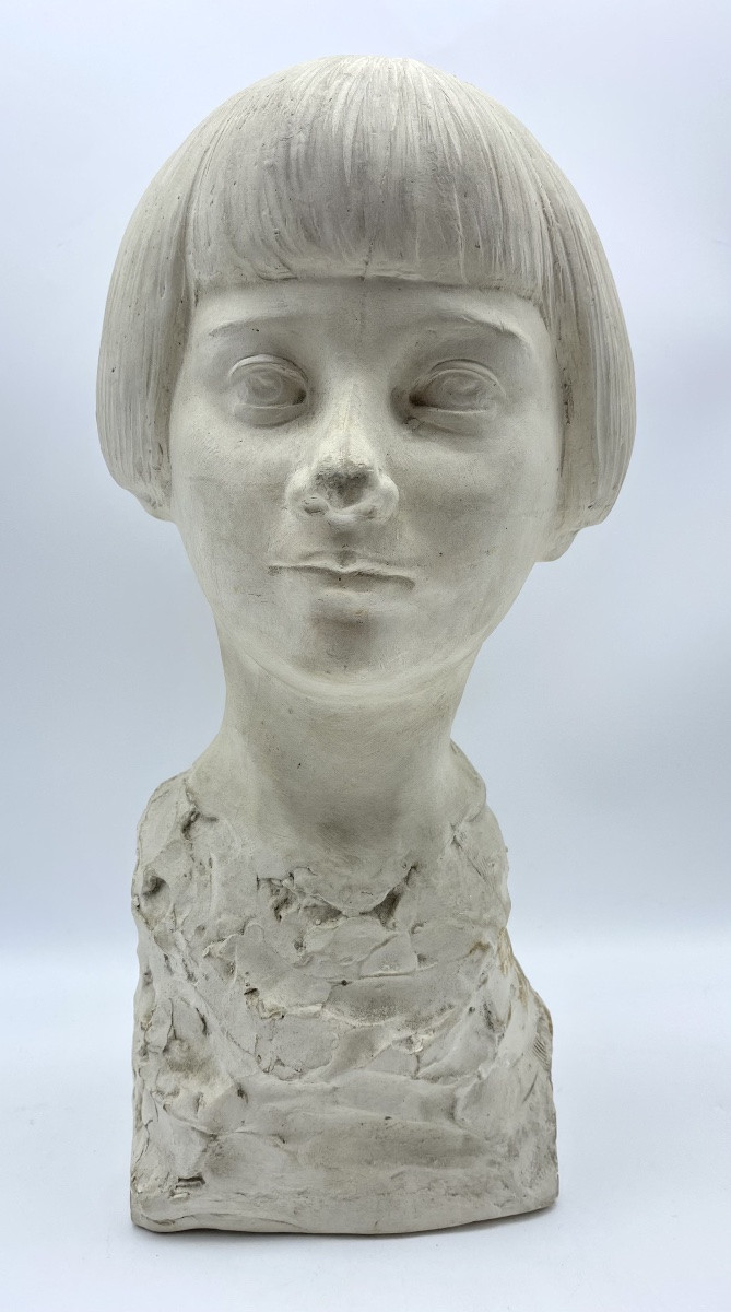 1928 Belgium Léon Gobert (1869-1935) Art Deco Plaster Bust Of A Girl-photo-2