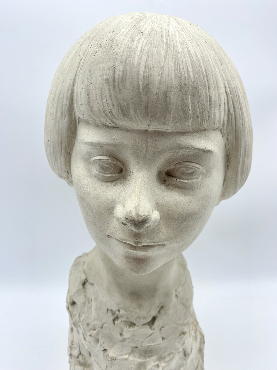1928 Belgium Léon Gobert (1869-1935) Art Deco Plaster Bust Of A Girl-photo-3