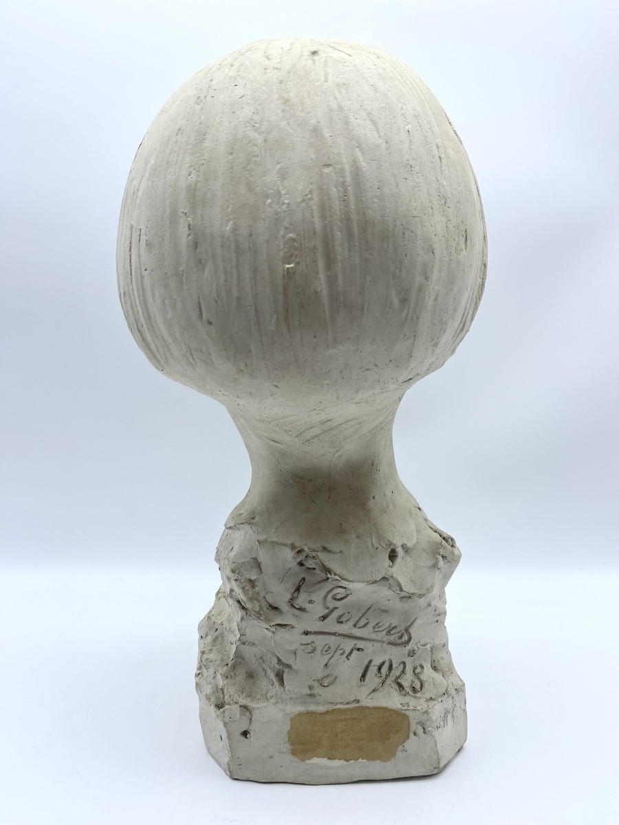 1928 Belgium Léon Gobert (1869-1935) Art Deco Plaster Bust Of A Girl-photo-1
