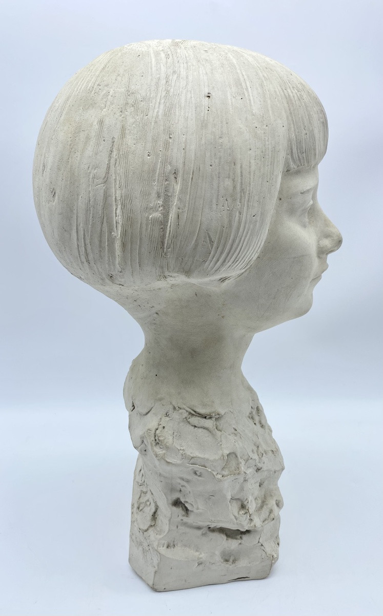 1928 Belgium Léon Gobert (1869-1935) Art Deco Plaster Bust Of A Girl-photo-2