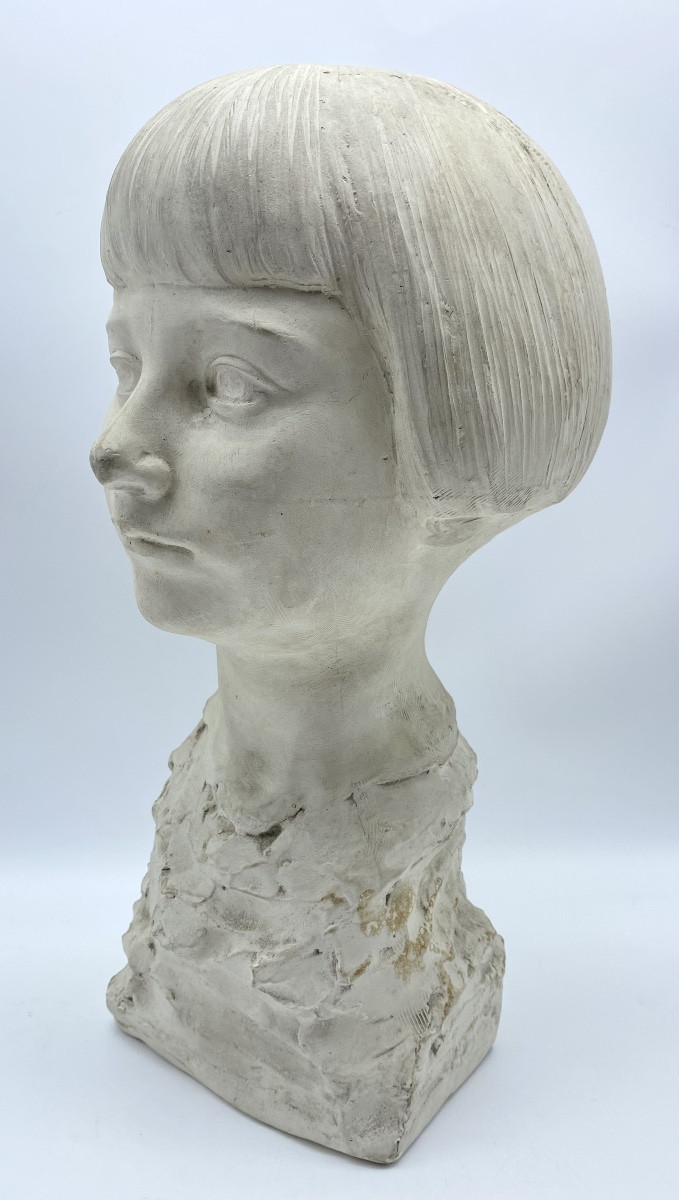 1928 Belgium Léon Gobert (1869-1935) Art Deco Plaster Bust Of A Girl-photo-4