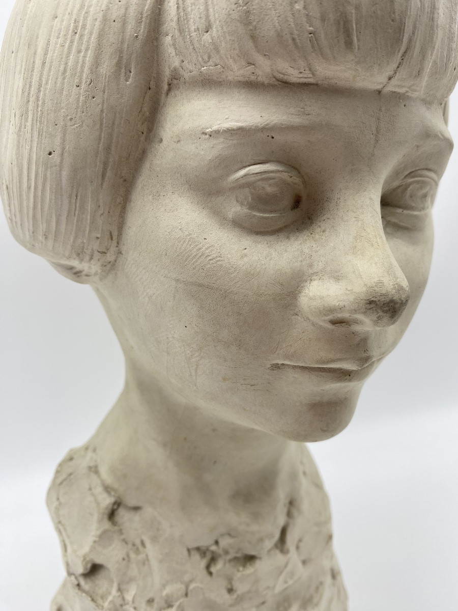 1928 Belgium Léon Gobert (1869-1935) Art Deco Plaster Bust Of A Girl-photo-8