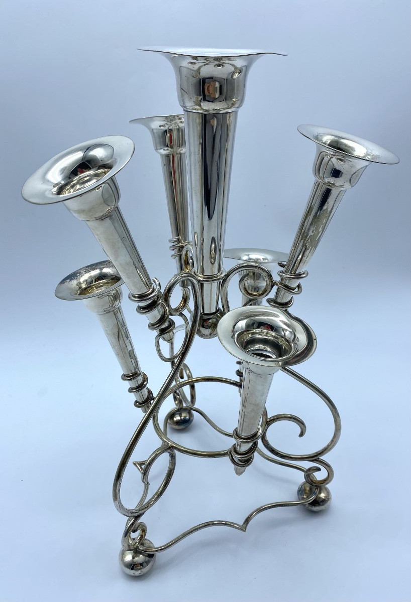 Antique Silver Plated Centerpiece Trumpet Flower Holder, Art Nouveau