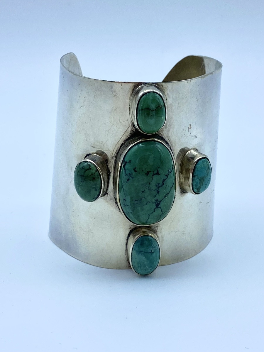 Bracelet manchette vintage en argent 925 et pierre turquoise, fabriqué par un Amérindien Navajo-photo-2
