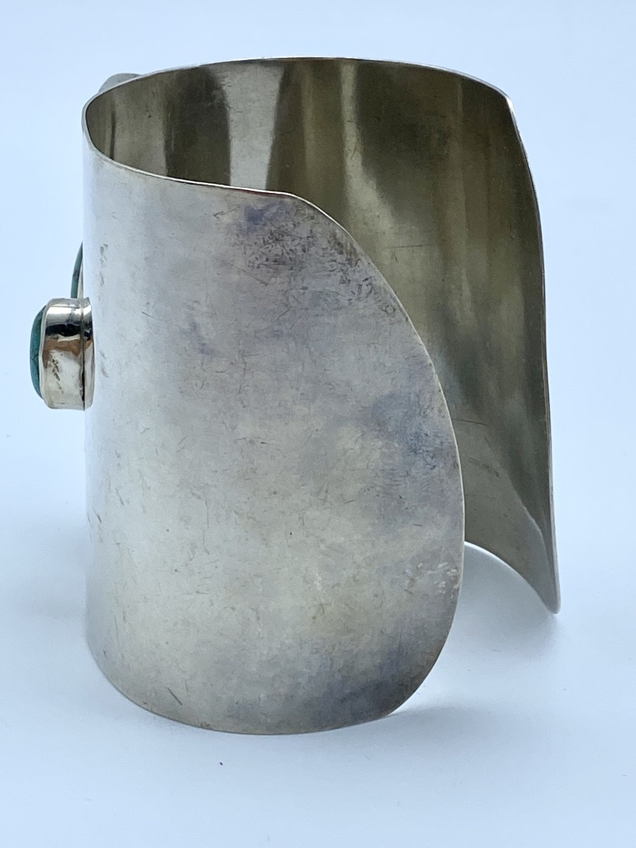 Bracelet manchette vintage en argent 925 et pierre turquoise, fabriqué par un Amérindien Navajo-photo-3