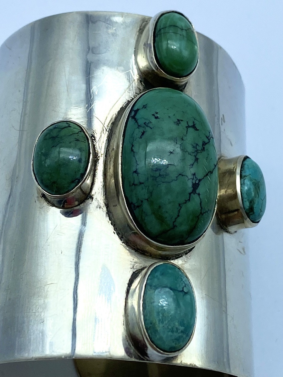 Bracelet manchette vintage en argent 925 et pierre turquoise, fabriqué par un Amérindien Navajo-photo-5