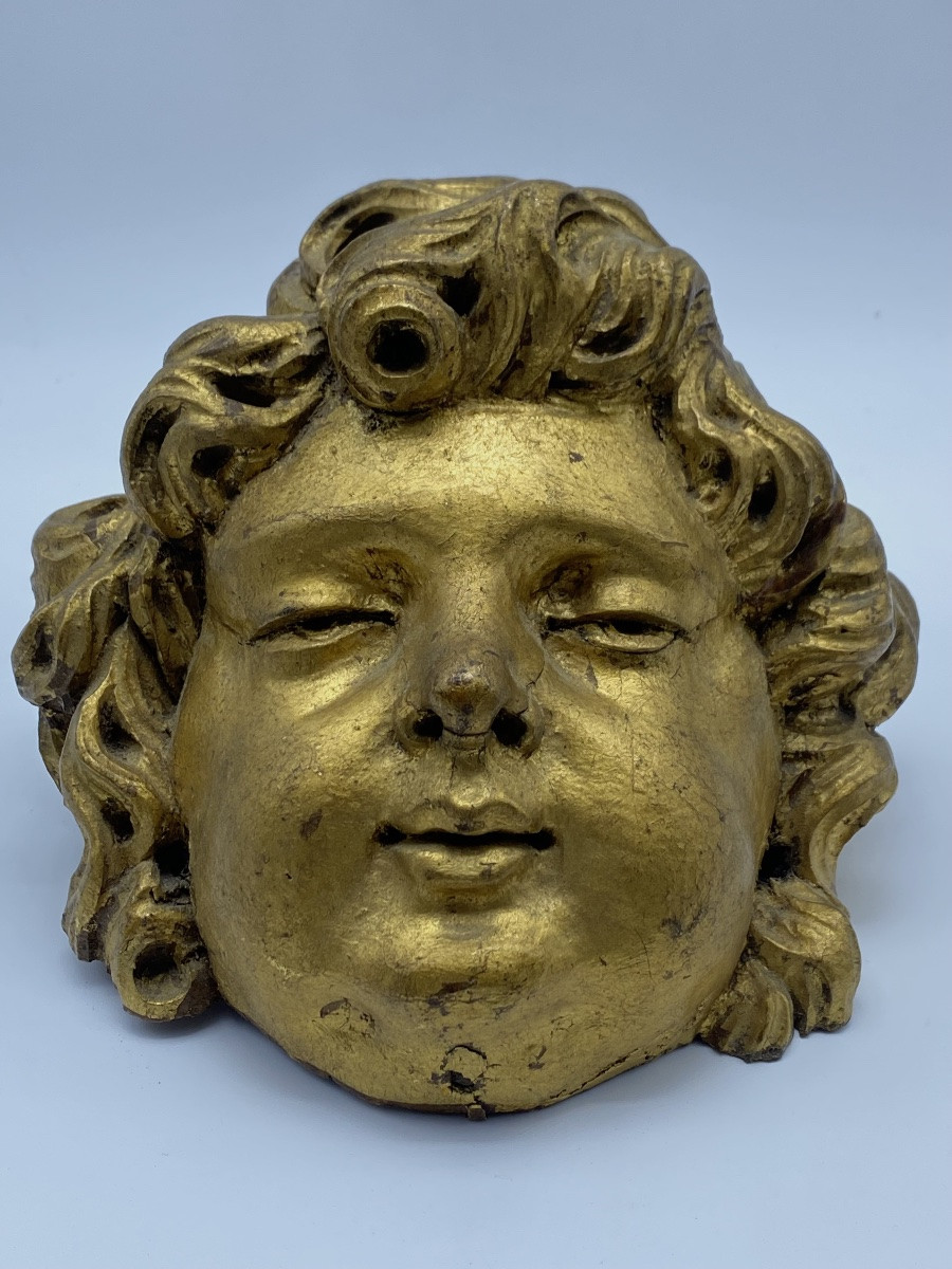 TÊTE D'ANGE BAROQUE EN BOIS DORÉ SCULPTÉ, ANCIENNE FRANÇAISE, XVIIe-XVIIIe SIÈCLE-photo-2