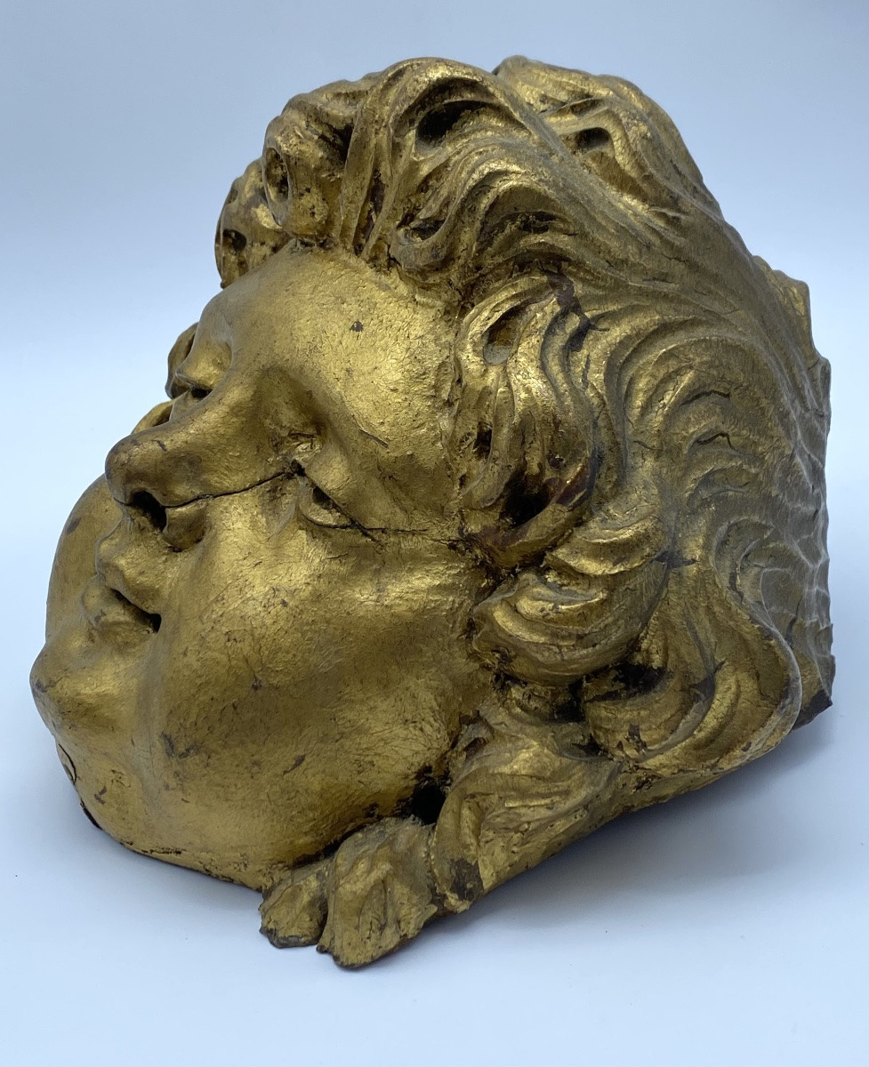 TÊTE D'ANGE BAROQUE EN BOIS DORÉ SCULPTÉ, ANCIENNE FRANÇAISE, XVIIe-XVIIIe SIÈCLE-photo-3