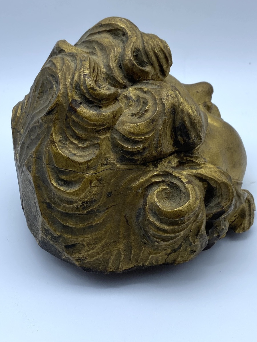 TÊTE D'ANGE BAROQUE EN BOIS DORÉ SCULPTÉ, ANCIENNE FRANÇAISE, XVIIe-XVIIIe SIÈCLE-photo-1
