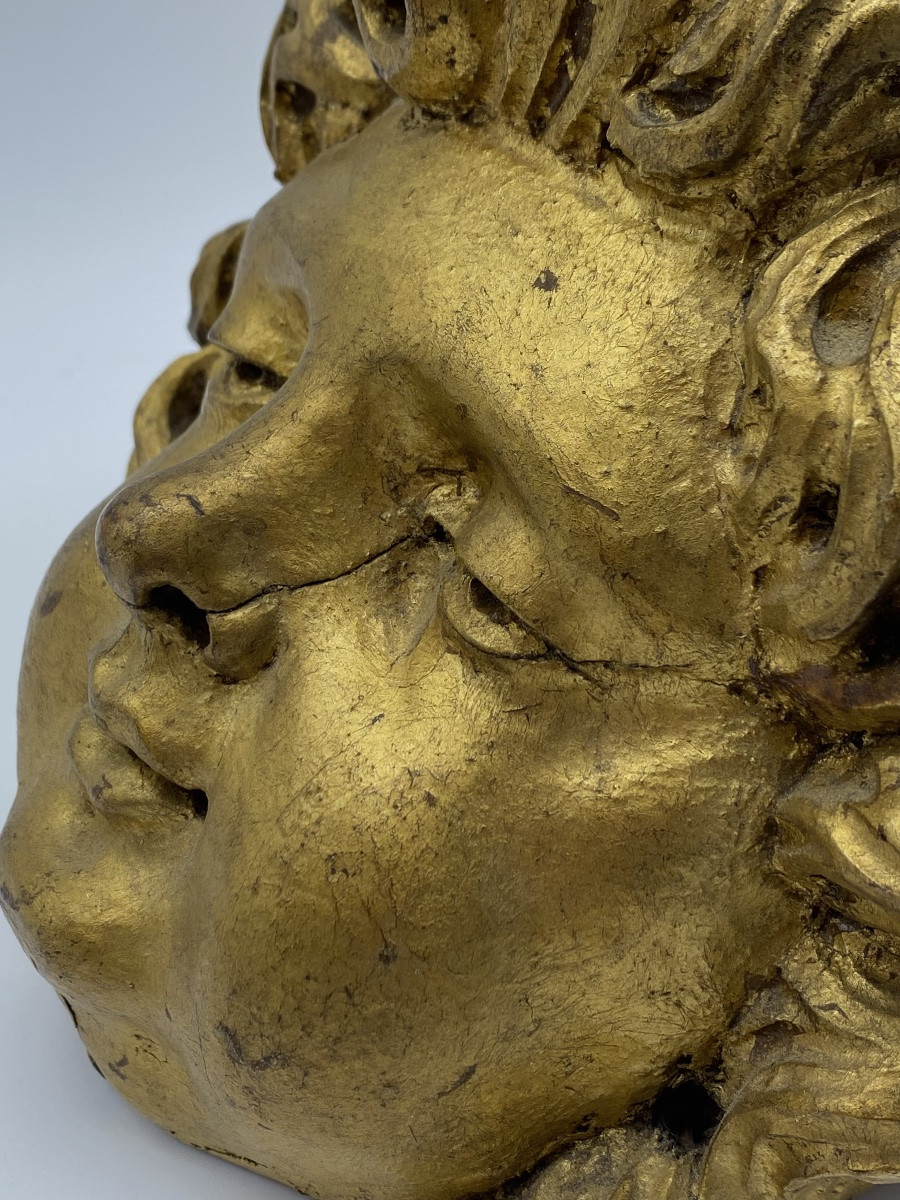 TÊTE D'ANGE BAROQUE EN BOIS DORÉ SCULPTÉ, ANCIENNE FRANÇAISE, XVIIe-XVIIIe SIÈCLE-photo-2