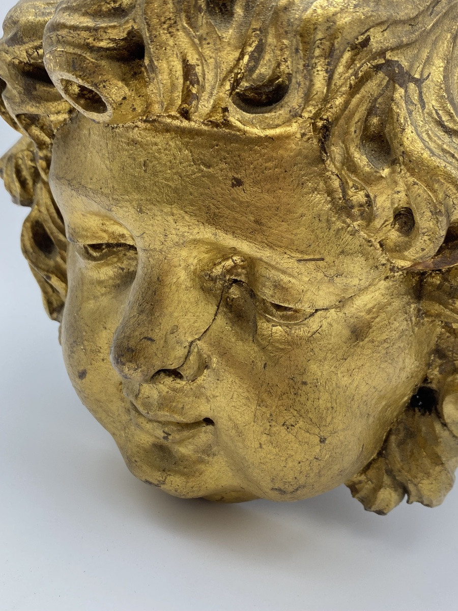 TÊTE D'ANGE BAROQUE EN BOIS DORÉ SCULPTÉ, ANCIENNE FRANÇAISE, XVIIe-XVIIIe SIÈCLE-photo-5