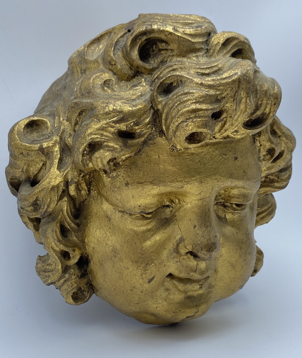 TÊTE D'ANGE BAROQUE EN BOIS DORÉ SCULPTÉ, ANCIENNE FRANÇAISE, XVIIe-XVIIIe SIÈCLE-photo-6