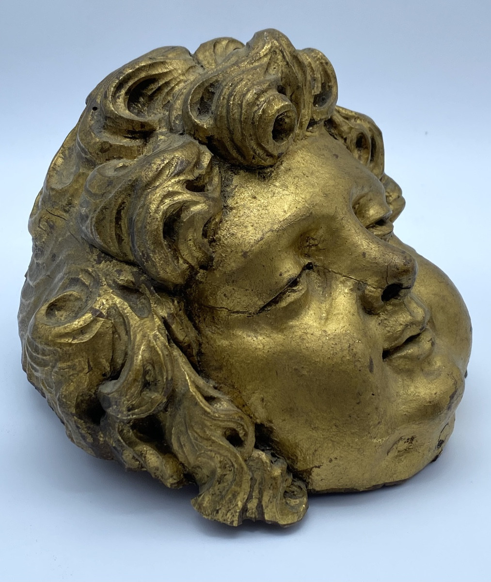 TÊTE D'ANGE BAROQUE EN BOIS DORÉ SCULPTÉ, ANCIENNE FRANÇAISE, XVIIe-XVIIIe SIÈCLE