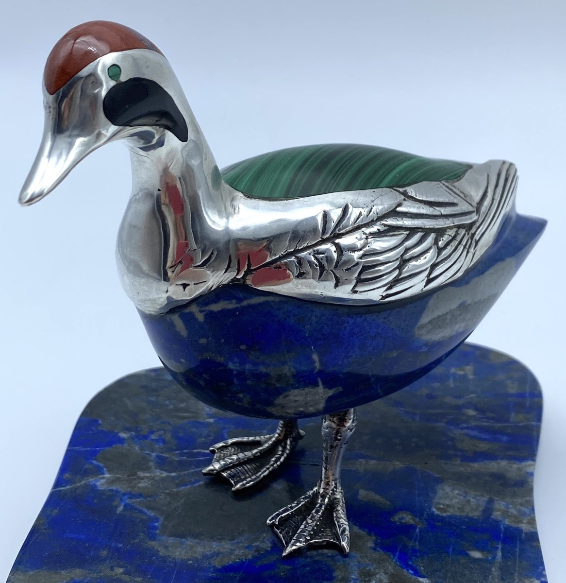 Rare Bird Sculpture In  Lapis Lazuli Stone And Silver-photo-2
