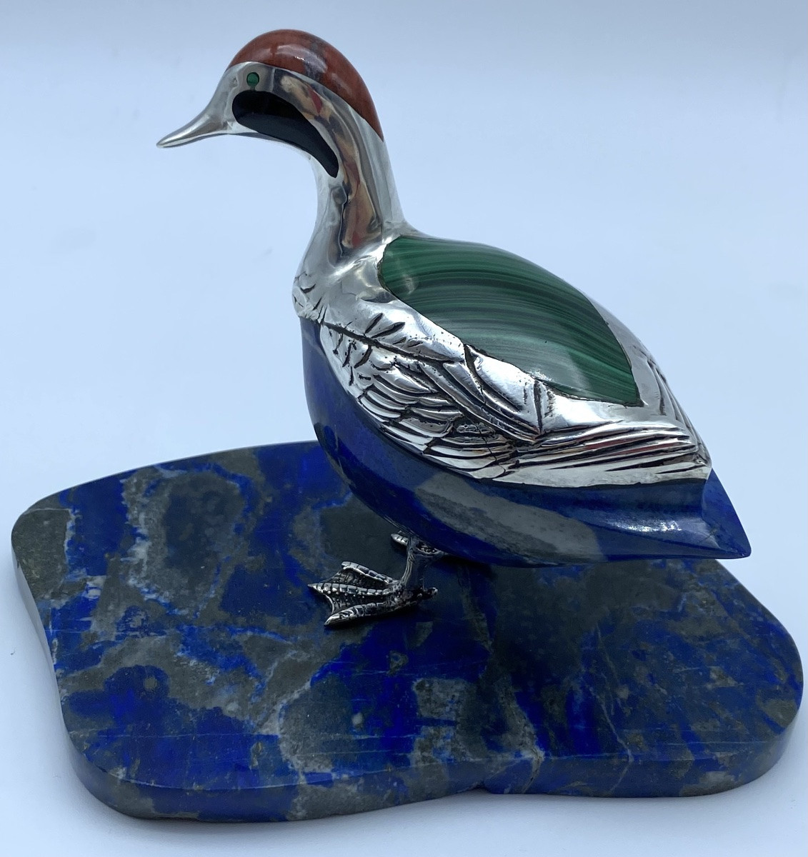 Rare Bird Sculpture In  Lapis Lazuli Stone And Silver-photo-3
