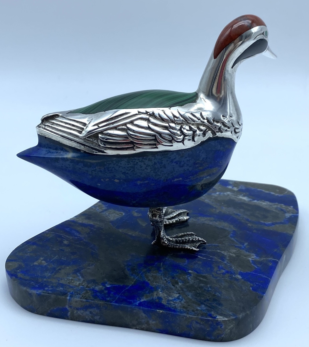 Rare Bird Sculpture In  Lapis Lazuli Stone And Silver-photo-4